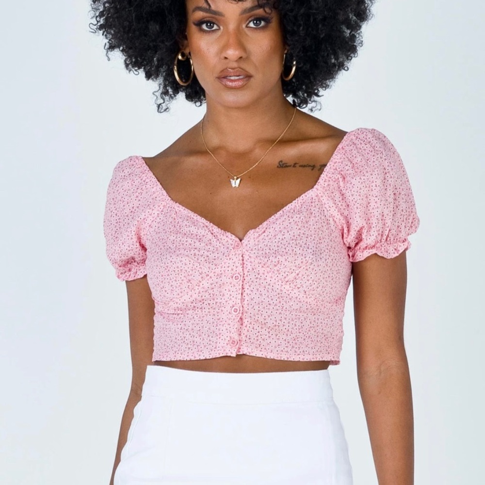 Princess Polly Laura Top Pink, puff sleeve crop